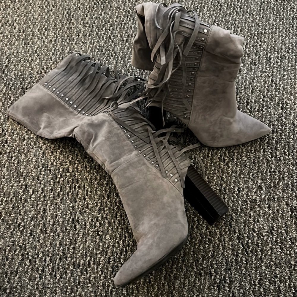 Just Fab Knee Boots Gray with Fringe